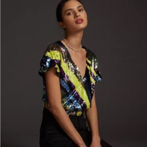 NWT Anthropologie x RDALAMAL Surplus Multi Color Sequin Crop Blouse Top Size XXL